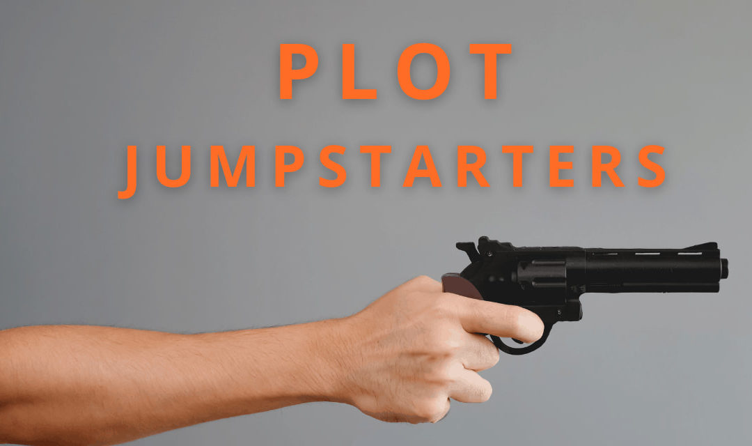 Image of person holding out a revolver with their finger on the trigger with "PLOT JUMPSTARTERS" above the gun
