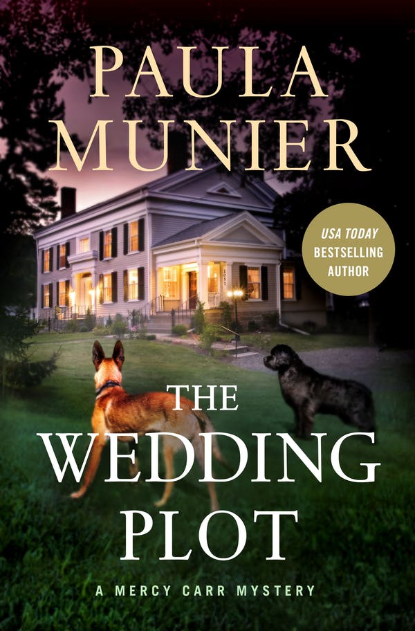 The Wedding Plot Book Cover by Paula Munier Regal Building with lights on at sundown with dogs outside