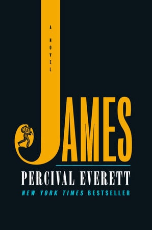 'Book cover for 'James' by Percival Everett. The title 'James' is displayed in large, vertical yellow text across the black background. The initial letter 'J' features a small illustration of a person running along its curve. Below the title, the author's name, 'Percival Everett,' is presented in white text. At the bottom of the cover, 'New York Times Bestseller' appears in light blue text.'.